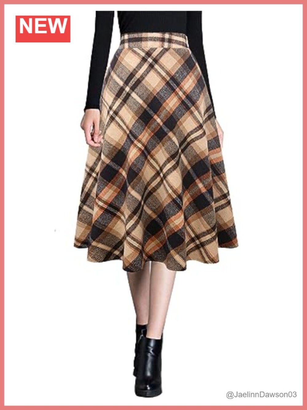 Wool Blend Plaid A-Line Midi Skirt High Elastic Waist Flared